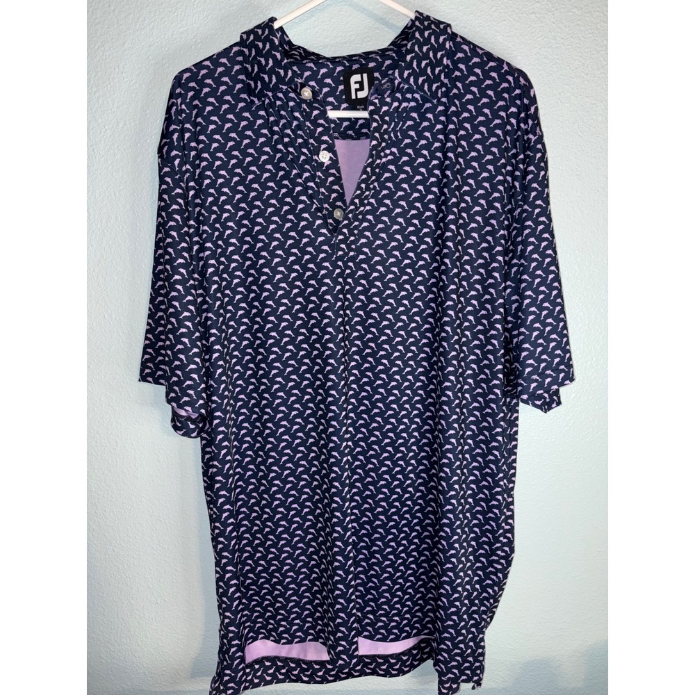 FootJoy Mens XL Golf Polo Shirt Navy Blue Pink Dolphin Print Performance FJ Logo